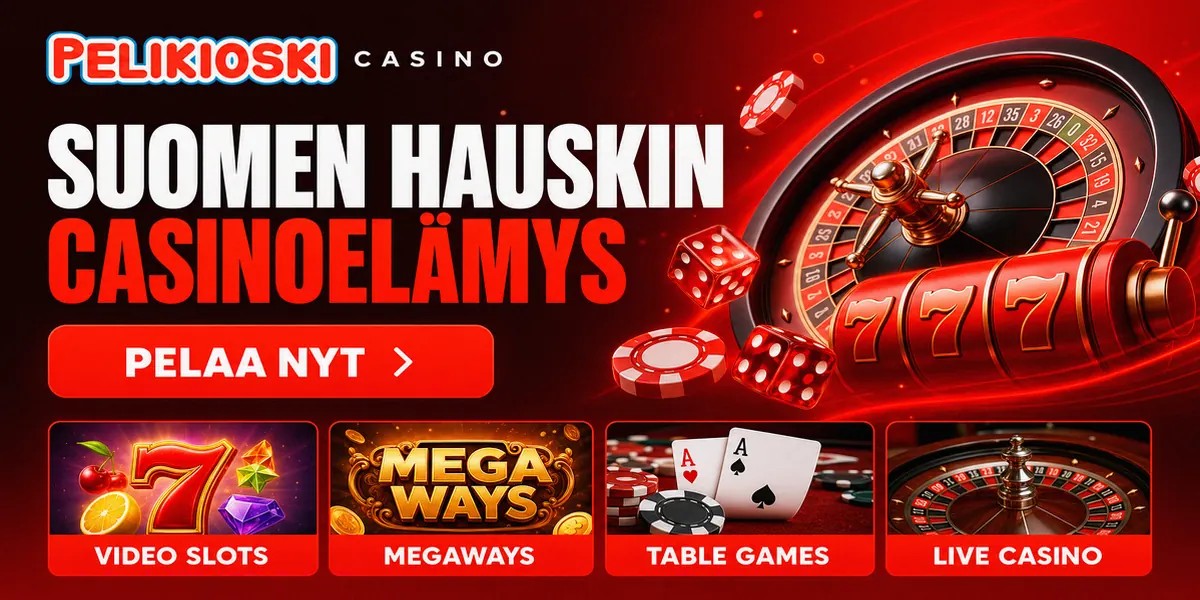 Homepage hero banner for Pelikioski Casino online casino, localized for FI.