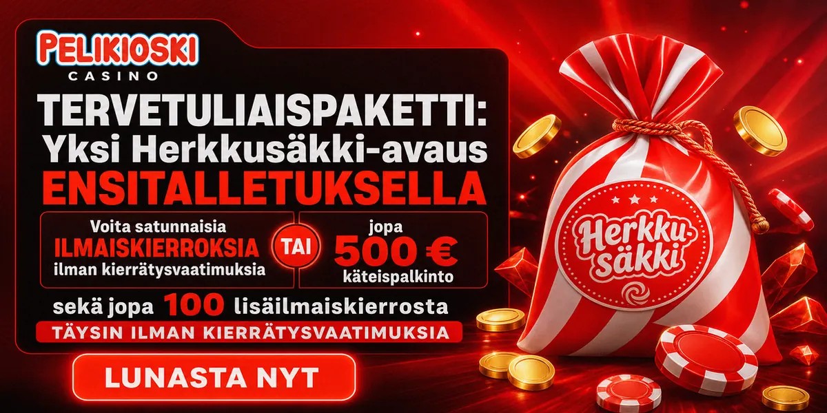 Welcome bonus promotion banner for Pelikioski Casino online casino, localized for FI.